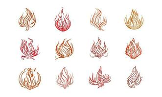 Set of burning flame, fire and bonfire in red, orange and yellow colors. Collection of hot flaming elements. Vector illustration