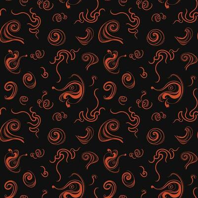 Seamless pattern orange smoke on a black background. Curls and swirls of smoke. Vector illustration, isolated.