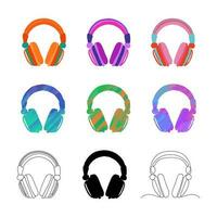 Set of bright headphones in different colors and textures in a flat style, black silhouette and contour drawing of earphones, headphones in one line style. Vector