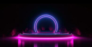 Background with glowing lights. Futuristic stage with neon light frame and podium. AI Generated photo