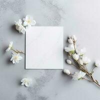 Bouquet of white flowers and blank card. Flowers composition. AI Generated photo