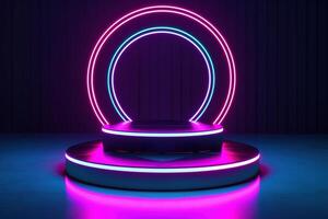 Podium with spotlight. Bright neon three-dimensional podium background. photo