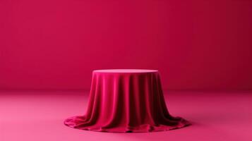 Red velvet podium with spotlight. Satin cloth podium for product presentation. photo