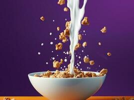 Pouring milk into a bowl. Falling granola with milk splash in bowl. healthy breakfast. photo