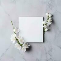 Bouquet of white flowers and blank card. Flowers composition. AI Generated photo