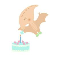 Children's birthday card with a dinosaur. A happy dinosaur makes a wish to blow out the candle on the cake. Clipart on a white background. A festive inscription in a children's style. vector