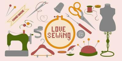 Knitting and sewing set with needles, yarn, sewing machine, scissors, buttons, spools, threads, flowers isolated on light background. Needlework concept. Cartoon style, colorful vector elements