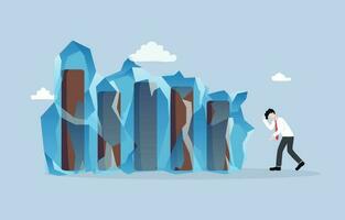 Economic slowdown or stagnation, declining consumer spending, paralysis of economic activity concept, Frustrated businessman with bar graph stuck in ice. vector