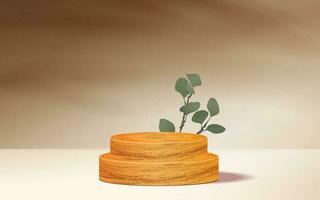 Natural Wooden Round Cylinder Product Stage Podiums with Green Leaves - Brown Background vector