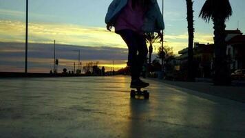 un niña paseos un patineta en contra el fondo de un puesta de sol video