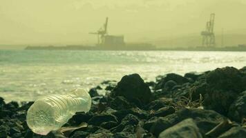 een plastic fles is aan het liegen Aan de kust, industrieel gebouwen Aan de horizon. video