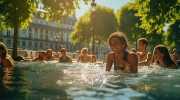 joven personas bañarse en un fuente en el centrar de ciudad. soleado brillante día. calor en el ciudad. ilustración ai generativo foto