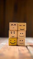 Dominoes on wooden background. Emoticon face on Wooden Cube. AI Generated photo