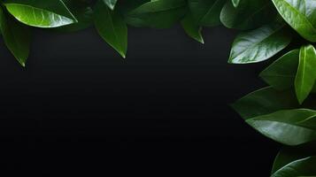 Leaves on dark background. Black background with frame made of green leaves and copy space. AI Generated photo