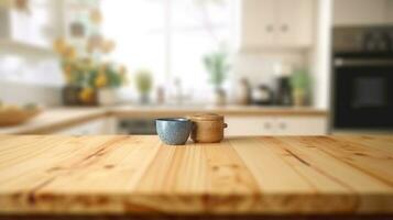 mesa cima. de madera parte superior mesa en cocina interior para producto mostrar. ai generado foto