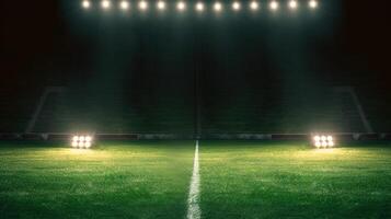 Stadium lights in the night. Green soccer field bright spotlights still life. AI Generated photo