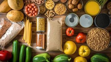 Fruits and vegetables. Top view of a wooden table full of vegetables and in the table. AI Generated photo