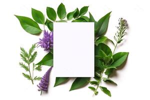 Frame with leaves. Creative layout with green leaves and blank card. AI Generated photo