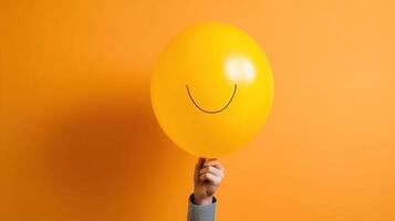 Person holding a balloon. Unrecognizable person holding yellow balloon against orange. AI Generated photo