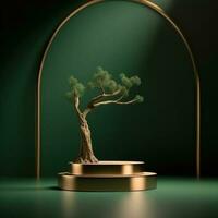 Still life with a vase Green and gold podium stand with golden abstract tree. AI Generated photo