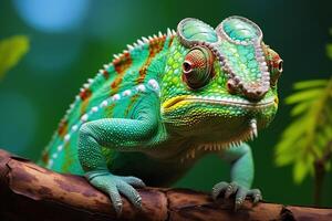 Chameleon on a branch. Veiled chameleon sitting on a branch. AI Generated photo