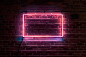 Red wall with light. Brick wall and square neon sign frame. AI Generated photo