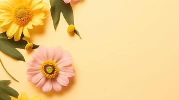 Flower on a yellow background. Summer flower flat lay on yellow background. Top view, copy space. AI Generated photo