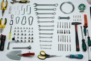 Set of tools for repair in a case on a white background. Assorted work or construction tools. Wrenches, Pliers, screwdriver. Top view photo