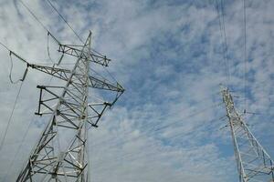 High-voltage power lines at sunset. Electricity distribution station.  electricity pylons on the background of the sky photo