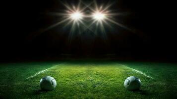 Stadium lights in the night. Green soccer field bright spotlights still life. AI Generated photo