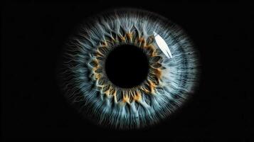 resumen azul ojo con espacio. un humano ojo en negro antecedentes. ai generado foto