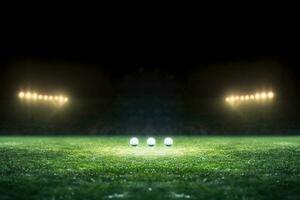 Stadium lights in the night. Green soccer field bright spotlights still life. AI Generated photo