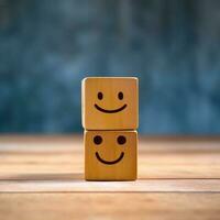 Dominoes on wooden background. Emoticon face on Wooden Cube. AI Generated photo