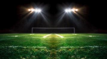 estadio luces en el noche. verde fútbol campo brillante focos todavía vida. ai generado foto