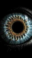 Abstract blue eye with space. An human eye on black background. AI Generated photo