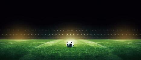 estadio luces en el noche. verde fútbol campo brillante focos todavía vida. ai generado foto