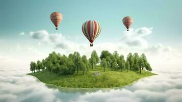 Air balloon in the mountains. Island piece of land with forest and hot air balloons. AI Generated photo