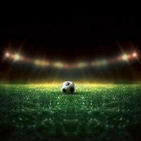 Stadium lights in the night. Green soccer field bright spotlights still life. AI Generated photo