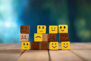 Dominoes on wooden background. Emoticon face on Wooden Cube. AI Generated photo