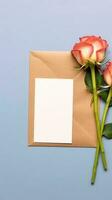 Bouquet of roses with blank card. Mockup invitation blank greeting card and flowers. AI Generated photo