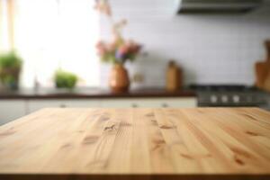 mesa cima. de madera parte superior mesa en cocina interior para producto mostrar. ai generado foto