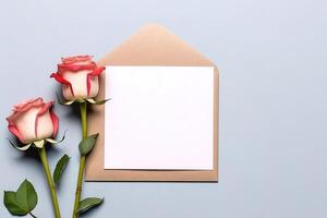 Bouquet of roses with blank card. Mockup invitation blank greeting card and flowers. AI Generated photo