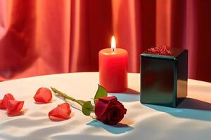 Candle and rose petals. Romantic composition with candle gift box with lipstick. AI Generated photo