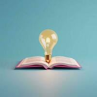 Book with light bulb. Lightbulb floating from open book on solid color background. AI Generated photo