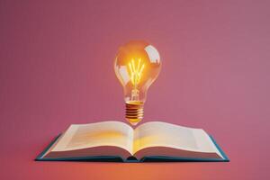 Book with light bulb. Lightbulb floating from open book on solid color background. AI Generated photo