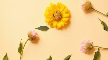 Flower on a yellow background. Summer flower flat lay on yellow background. Top view, copy space. AI Generated photo