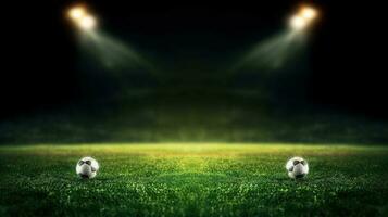 Stadium lights in the night. Green soccer field bright spotlights still life. AI Generated photo