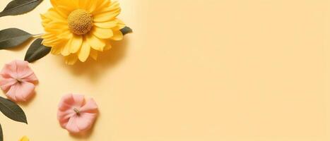 Flower on a yellow background. Summer flower flat lay on yellow background. Top view, copy space. AI Generated photo