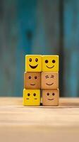 Dominoes on wooden background. Emoticon face on Wooden Cube. AI Generated photo