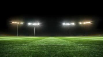 estadio luces en el noche. verde fútbol campo brillante focos todavía vida. ai generado foto